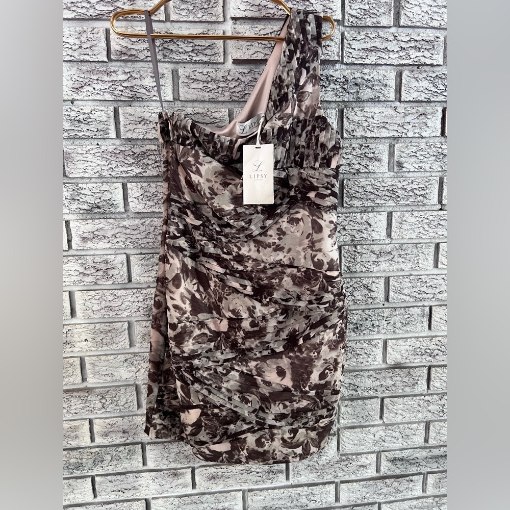 Lipsy One Shoulder Dress in Brown and Cream
